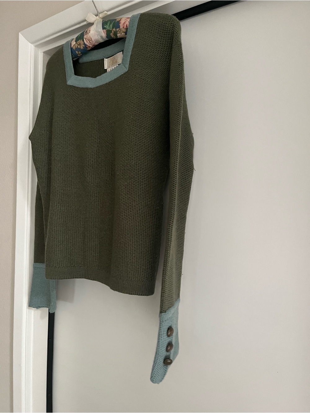 Sara Berman Olive Green Sweater with Seafoam Trim